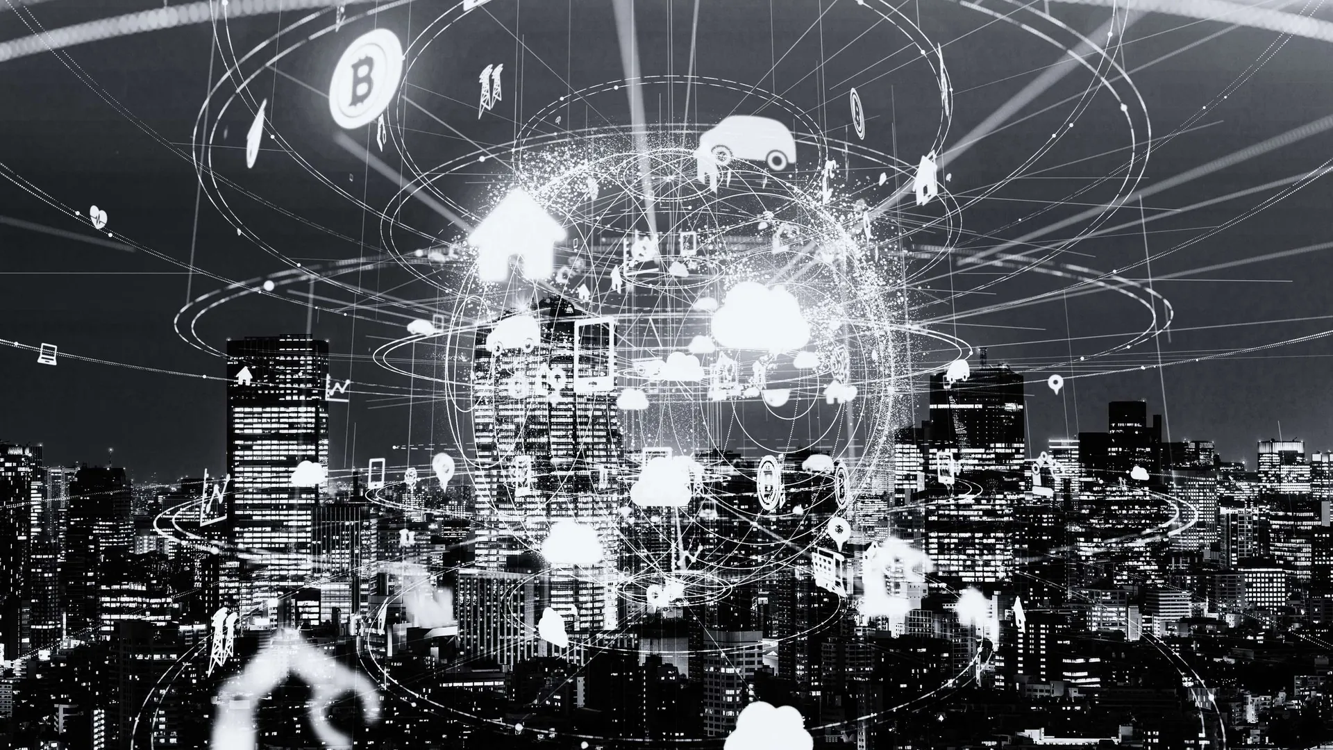 A city skyline overlaid with a network of connected services