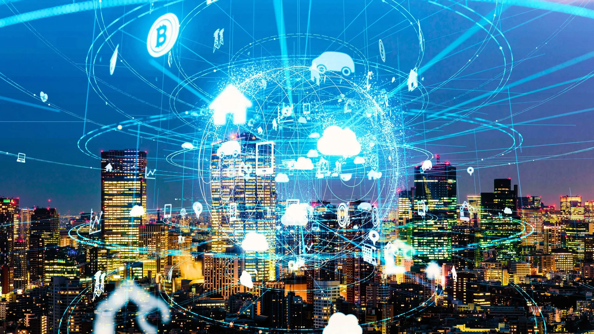 A Greater Toronto Area skyline overlaid with a mesh of connected services